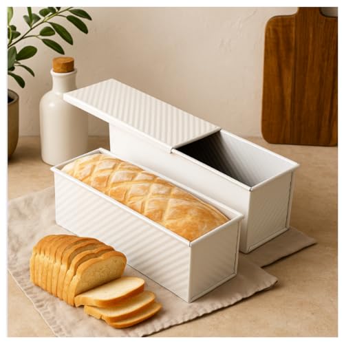 Spmarkt 2-Pack Beige Pullman Loaf Pan with Lid, Long Nonstick Bread Pan for Toast & Sandwich Bread, Cream White Nonstick Loaf Pan, 3 Vented Holes & Ridged Design, Great for Baking Lovers and Home Use