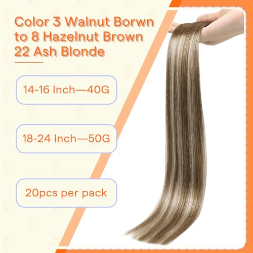 Image of Full Shine Hand Tied Invisible Tape in Hair Extensions,Remy Human Hair,3 /8 /22 Medium Brown to Blonde Balayage,50g 20Pcs 24 Inch,Seamless Skin Weft Injected Tape in Extensions for Graduation Glam