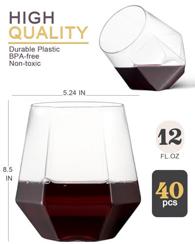 Image of Maaacute 40 Pack Plastic Stemless Wine cocktail Whiskey Champagne Glasses, 12 Oz Disposable Clear Unbreakable Cups for Party Bars Wedding Tasting (Diamond-shaped)