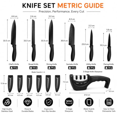 Image of 6 Pcs Kitchen Knife Set with Covers & Sharpener | Stainless Steel Black Coated Best Knives | Premium Chef Knife Set for Kitchen Use for Home & Restaurant | Professional Cooking Knife Set