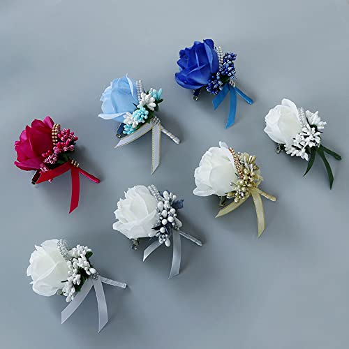 Pack of 4 Wedding Corsage with Badge Pin Silk Ribbon,Artificial Rose Flower Wedding Brooch,Wedding Accessories,Bridal Accessories,Boutonniere for Weddings,Banquets,Anniversary Dates (White and Gold) - Image 2