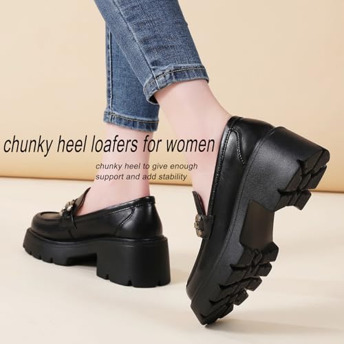 Image of Chunky Loafers Women Shoes Platform Loafers Womens Loafer Heel | Comfortable Penny Lightweight Metal Buckle Work Office Dress Business Casual Formal Ladies Women's Slip-Ons