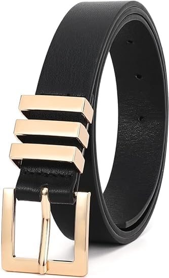 Women's Leather Belts, Fashion Ladies Waist Belts, Vintage Western Design Belt for Women, Adjustable Casual Belt,with Square Gold Buckle, for Jeans Pants Dress, Black