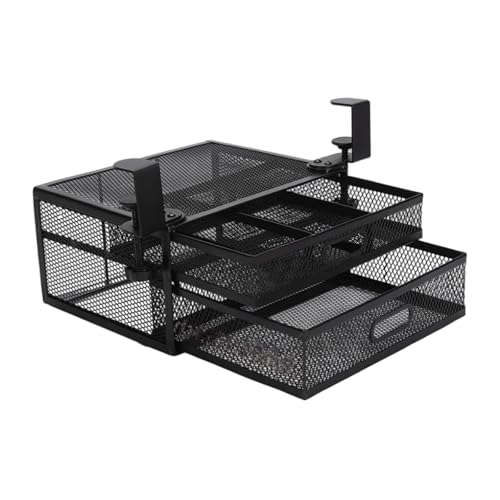 Tsophreniq Cajón de escritorio que ahorra espacio, 2 compartimentos deslizantes, cesta de acero negro, solución de almacenamiento de doble nivel, marco de metal, cajón de escritorio