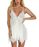 klier Lingerie for Women Lace Babydoll Sexy Chemise V Neck Mesh Sleepwear (White, M)