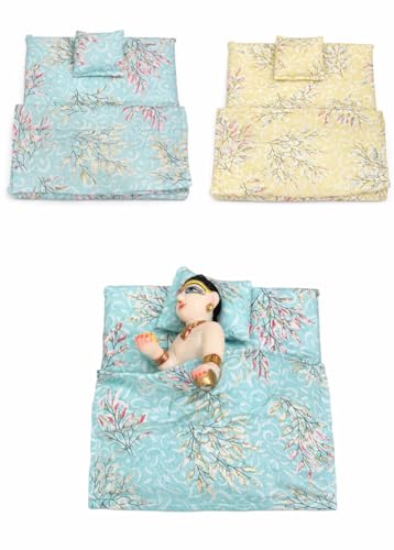 Image of Laddu Gopal Bed Set | Printed Cotton Bister Set for Bal Gopal | Soft Bedding Mattress Pillow Quilt for Krishna Idol | Designer Summer Bed for Laddu Gopal (Multi Color) Set of 2 (Small)