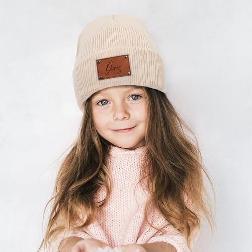 Custom Toddler Beanie - Personalized Winter Hat with Engraved Text Name Leather Patch, Customized Gifts for Girl Boys Kids Baby2