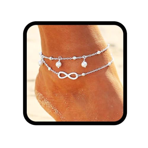 Edary plage en couches Tassel perle cheville Lucky 8 Pendentif Bracelet pied de la chaîne de bijoux réglable pour les femmes et les filles (Argent)