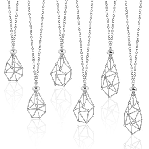6 Pcs Adjustable Crystal Stone Holder Necklace Empty Stone Holder Necklace Pendant Chain with Stainless Steel Cage for DIY Jewelry (Silver)