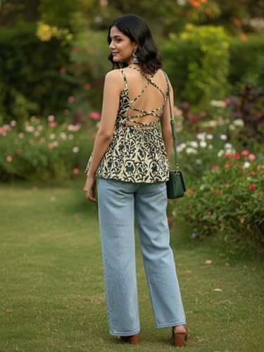 Image of Aahwan Printed Round Neck Sleeveless Backless Short Flared Western Ethnic Kurti Top for Women's & Girl's