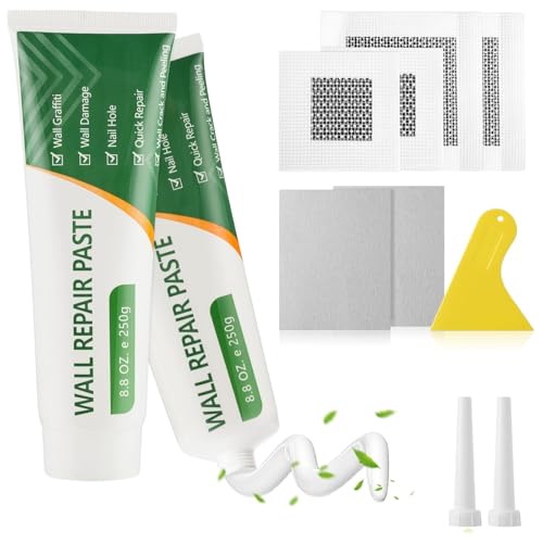 DEWEL 500g Spachtelmasse Weiß Innen, Spachtelmasse Wand Set mit Füllspachtel,Schleifpapier und Schaber,Löcher Wand Füllen für Bohrlöcher Füllen,Löchern und Graffiti,Schnelle Reparatur von Rissen