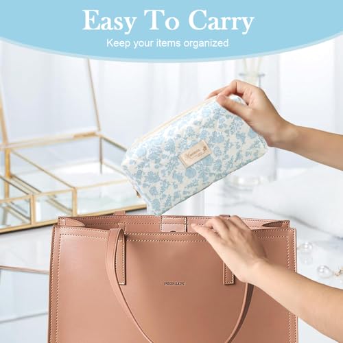 Image of MAYCREATE Fashion Makeup Bag Travel Makeup Pouch Blue Floral Soft Zipper Utility Zipper Pencil Pouch Gadget Stationeries Storage Tool Organizer Bag, 20.5x9x9.5cm