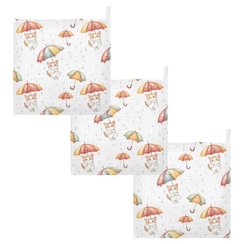 vvfelixl Baby Muslin Washcloths Kitten Hold Umbrella Baby Burp Cloths Cotton Babys Face Towel for Newborn Infants Boys Girls Soft and Absorbent 11.8 X 11.8 in, 3 Pack2