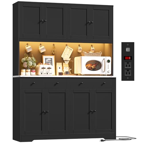 Image of HIFIT 72 inch LED Kitchen Pantry Cabinet with Power Outlet & Cup Hook, Tall Kitchen Hutch Storage Cabinets w /Marble-Patterned Countertop Microwave Stand, Food Pantry w /Door for Dining Living Room, Black