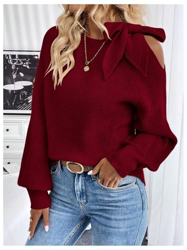 Image of GORGLITTER Women's Bow Sweater Long Sleeve Cut Out Tie Shoulder Vintage Chunky Cozy Knit Pullover Tops Fall Trendy 2025