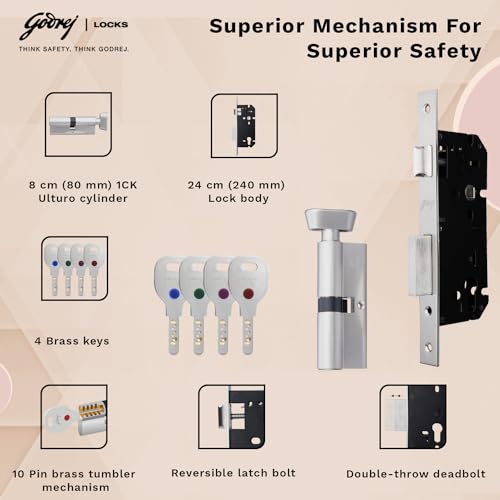 Image of Godrej Mortise Lock|Handle Lock Set for Main & Bedroom Door| Antique Brass Finish|9 Inch Lockbody|60mm 1CK Cylinder - Knob from Inside & 3 Keys|5 Years Warranty