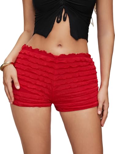 SHENHE Womens Ruffle Shorts Cute Bloomers Low Rise Sexy Y2k Booty Shorts Mini Bottoms Red Medium