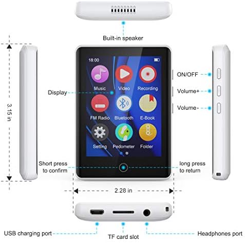 MP3 Player 32GB with BT 5.0 Supports TF up to 128GB,Timoom M6 MP3 HIFI Lossless Sound Music Player with 2.8 inch Full Touch Screen Built-in Speaker Support FM radio/Voice recorder E-Book Headphones