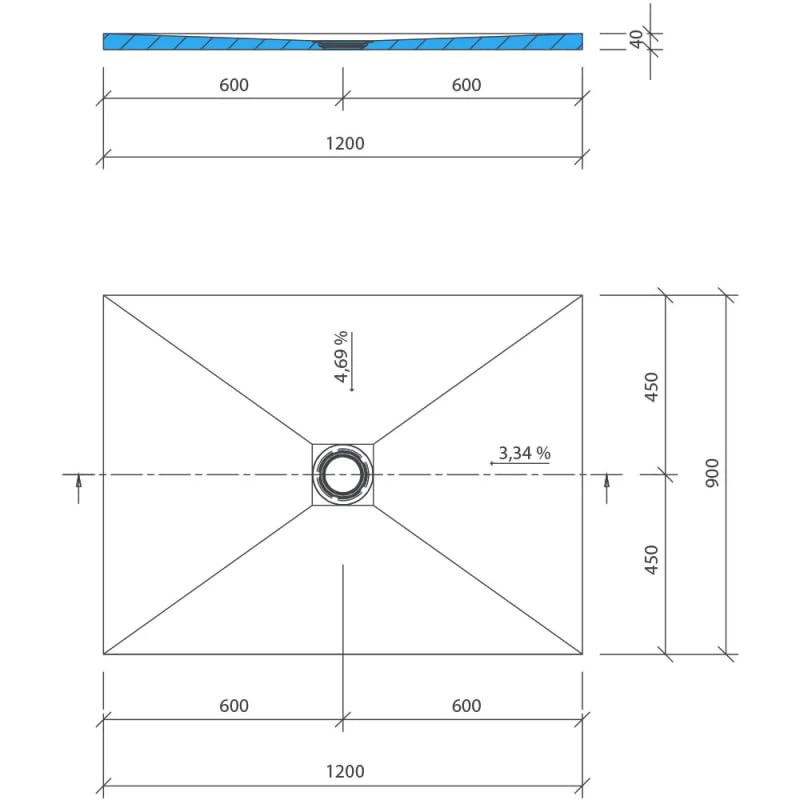 Receveur de douche à carreler 120 x 90 WEDI Fundo Primo rectangle écoulement centré + bonde horizontale