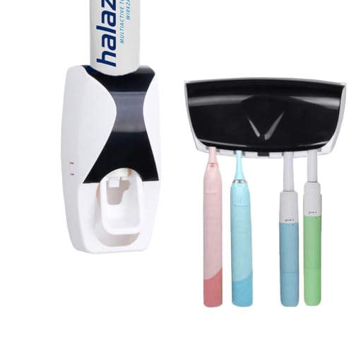 Image of Puffin Squeezer Kit Wall Mounted 5 Toothbrush Holder with Automatic Toothpaste Dispenser Multi Color