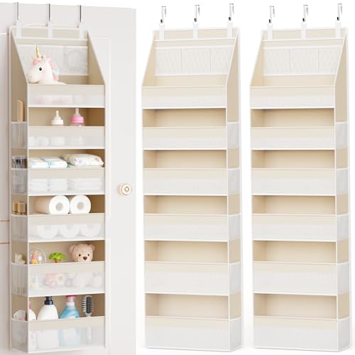 Image of Criusia 2 Pack Over the Door Organizer, 6-Shelf Closet Hanging Storage with 13 Mesh Pockets, 55lbs Capacity Behind the Door Storage for Baby Nursery, Bathroom, Bedroom, and Dorm, Beige
