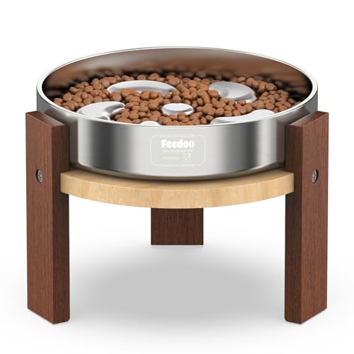 Feedoo Elevated Dog Bowl Stand 6 Height Raised Stand for Medium Dogs Includes 2Cups Stainless Steel Slow Feeder Dog Bowl Durable Solid Hardwood