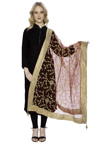 Image of ZEN APPAREL Women's Embroidered Net Dupatta with Lace Borders (Z-101) Premium Net Fabric Golden Aari Work