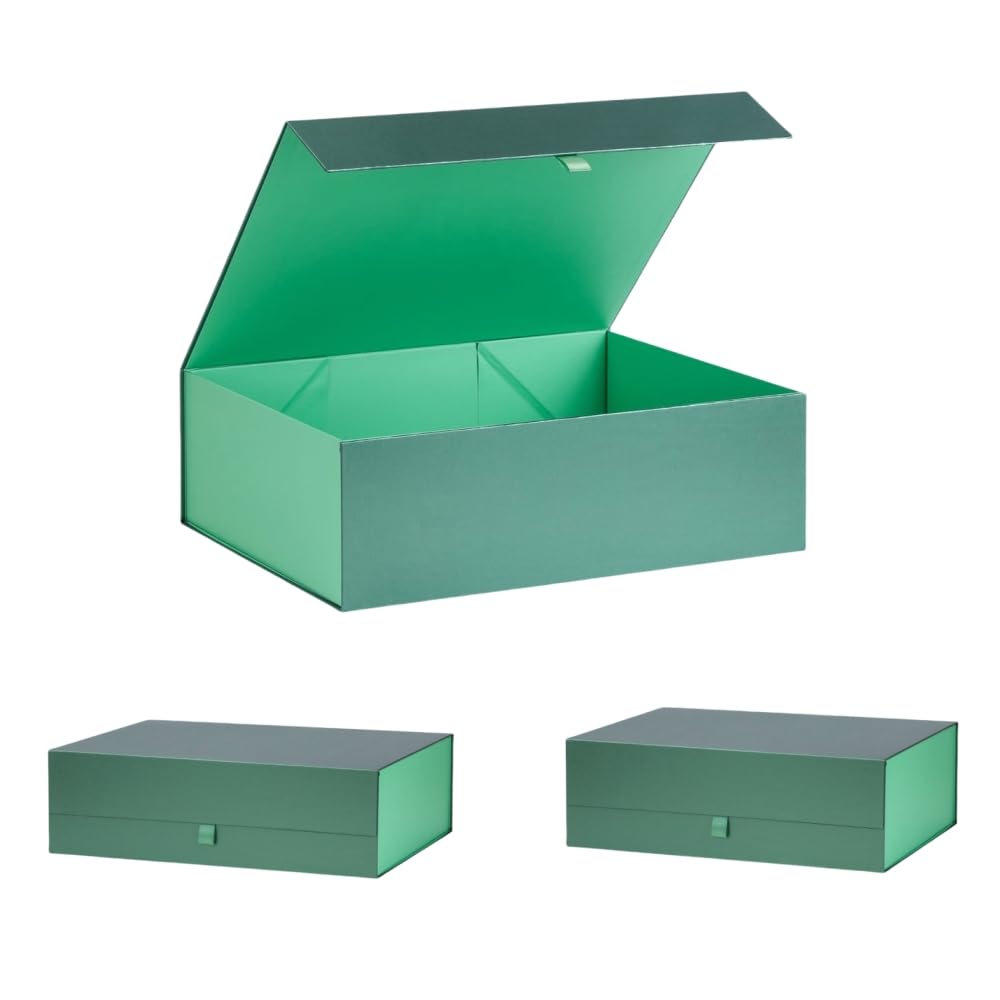 PLINJOY Extra Large Green Gift Box 3 Pack 16.5x14x5.5 Inches,Gift Boxs for Presents with Lid Magnetic Closure Collapsible,Groomsman Proposal Box,Birthday, Christmas,for Clothes and Large Gifts