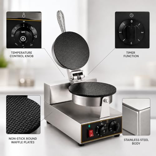 Image of Round Waffle Cone Maker Machine, Commercial Electric Waffle Cone Baker, Ice Cream Cone Maker for Cafe Bakery Restaurant