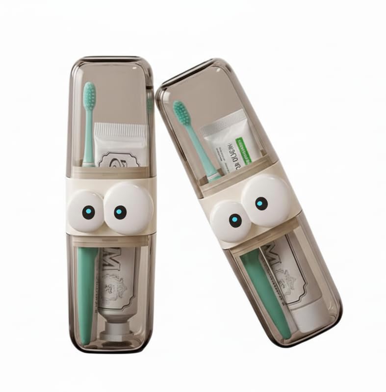 Cute Eye Design Toothbrush Holder, Brown Transparent Plastic Travel Case with Eyes Pattern, Oral Care Organizer for Home and Travel, Food Grade Polycarbonate (PC) Material (Pack of 2)