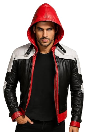 Men's Casual Fashion Hooded Red and Black Halloween Superhero Costume – Real Leather Biker Jacket for Gaming and Cosplay with Logo