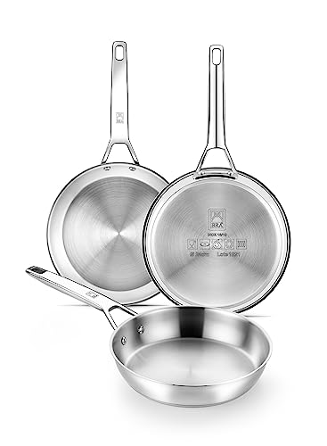 BRA Signature | Lot de 3 poêles en acier inoxydable 18/10 professionnel sans revêtement...