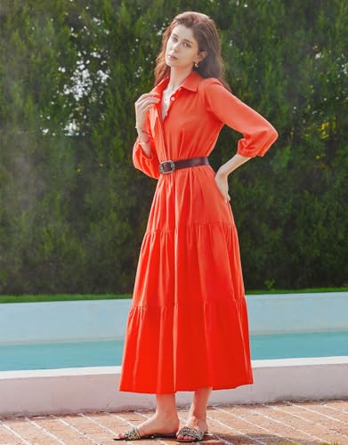 Image of Women Button Down Maxi Shirt Dress Long Sleeve Flowy Tiered Collared Dresses with Pockets