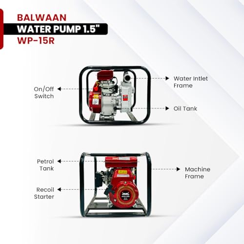 Image of Balwaan Krishi 1.5 Inch Outlet 98 CC Powerful 4 Stroke Petrol Engine Water Pump (Black) | for Agriculture, Construction, Water Supply and Draining Flooded Areas | Get 1 Engine Oil Bottle | WP-15R