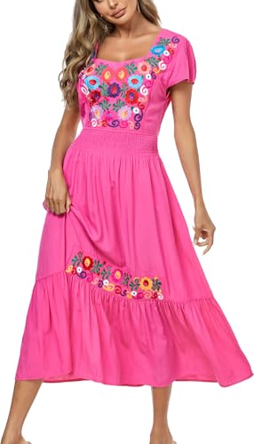 Image of Women's Summer Maxi Dress Casual Floral Embroidered Round Neck Short Sleeve Ruffle Tiered Dress Flowy Boho Beach Sundress