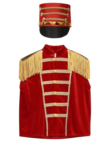 Kids Unisex Circus Showman Drummer Vest Honor Guard Sleeveless Fringe Epaulet Waistcoat with Hat3