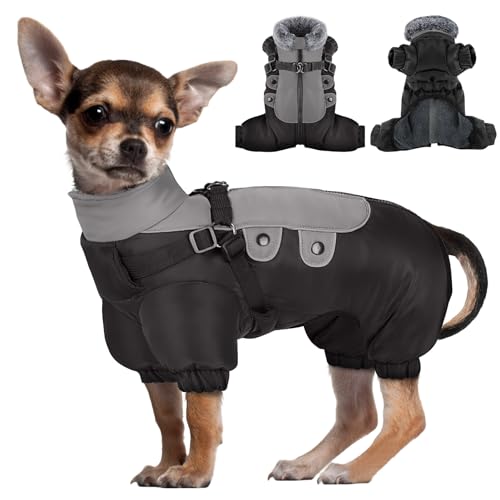 Queenmore-Dog-Winter-CoatWindproof-4-Legged-Fleece-Lining-Dog-Jacket-with-HarnessWarm-Fullbody-Dog-Snowsuit-with-Reflective-Strips-Cold-Weather-Dog-Coats-for-Small-DogsBlackXS