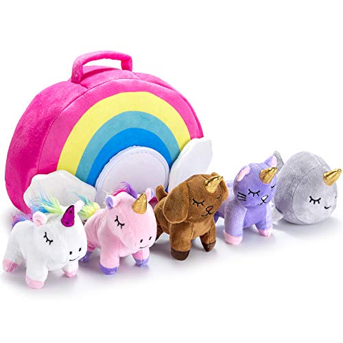 PASSIONFRUIT Stuffed Toy Unicorn Animal Set â€“ Set of 5 Stuff Toys for Toddlers â€“ with Rainbow Carry Bag â€“ Stuff Toy for Girls â€“ 2 Unicorns, Kitty, Puppy, and Narwhal â€“ Age 3, 4, 5, 6, 7, 8 Year Old
