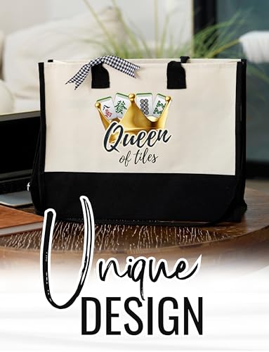Image of InnoBeta Mahjong Gifts for Women, Mahjong Canvas Tote Bag with Zipper Closure & Shoulder Strap, Mahjongg Gifts for Birthday