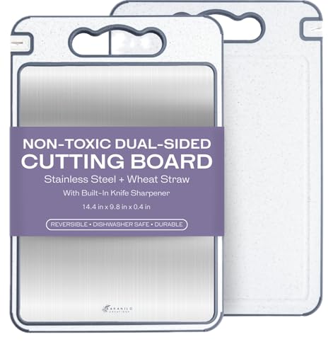 Non-Toxic Cutting Board – Double-Sided Stainless Steel & Wheat Straw – Dishwasher Safe