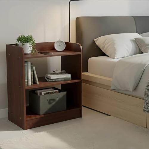 Image of Shoper cart Bedside Table with 3 Open Shelves, Brown Wood Finish, 50.8 x 41.2 x 24 cm, Nightstand Storage Organizer