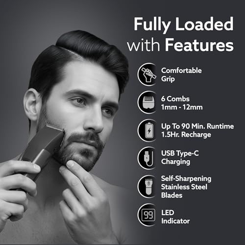 Image of AGARO Beard Trimmer MT5005, 90 mins run time with Type C, 6 comb attachments, Self sharpening blades | Trimmer for Men