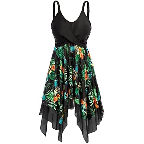 Kate Kasin Tankini Sets with Boy Shorts Separated Swimsuit V-Neck Irregular Hem Dress and Briefs Camkini Swimwear L Orange Floral-Black KK0281S22-06 Cover