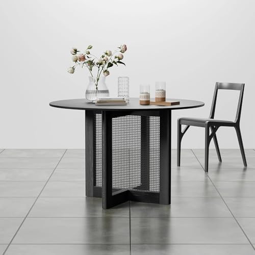 Image of Quick Artsy Round Mango Wood Dining Table 4 Seater for Dinning Room, Living Room & Home Decor, Natural Colour, (120D x 120W x 76H Centimeters) (Rattan Dining Table) (Black Rattan Dining)