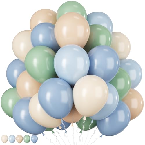 Image of Jobkoo Sage Green Dusty Blue Balloons, 12 Inch Retro Slate Light Blue Olive Green White Sand Beige Nude Eucalyptus Latex Balloon for Boho Rabbit Birthday Wedding Toy Baby Shower Woodland Party Decor