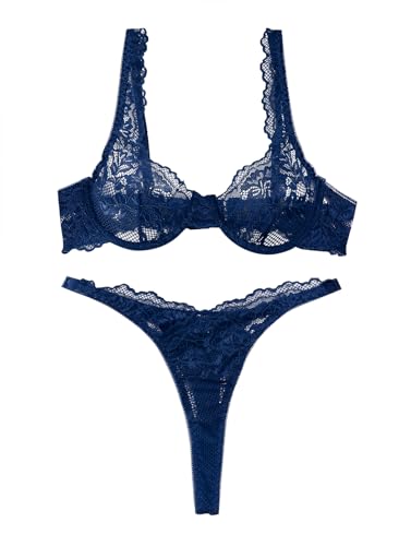 Image of Lilosy Sexy Floral Lace Scallop Underwire Push Up Sheer Lingerie Set Outfits