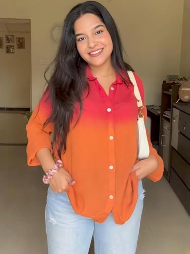 Image of Maaesa Women Handmade Ombre Tie & Dye Rayon Shirt | Relaxed Fit | Lightweight Breathable | Long Sleeve Button-Down | Classic Collar | Casual & Office Wear