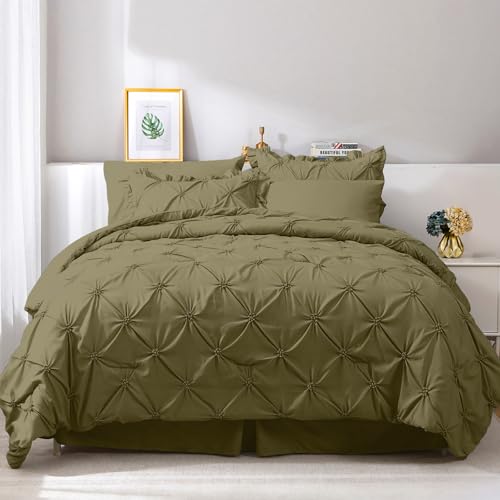JOLLYVOGUE Olive Green Cal King Size Comforter Sets 7 Pieces, Pintuck Bed in a Bag Comforter Set for Bedroom, Bedding Comforter Sets with Comforter, Sheets, Ruffled Shams & Pillowcases