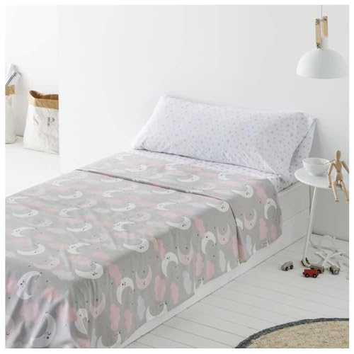 COTTON ARTean Juego de sabanas Infantil/Juvenil LUNITAS Multicolor. Juego de Cama para 105 x 190/200. Incluye encimera + Sabana Bajera Ajustable + 1 Funda de Almohada. Color Gris