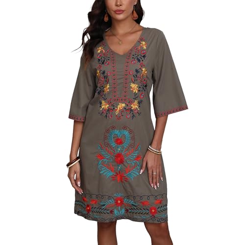 Image of Grosy Women's Embroidered Mexican Fiesta Dress Plus Size Traditional Floral Boho Dresses for Women Peasant Hippie Outfit